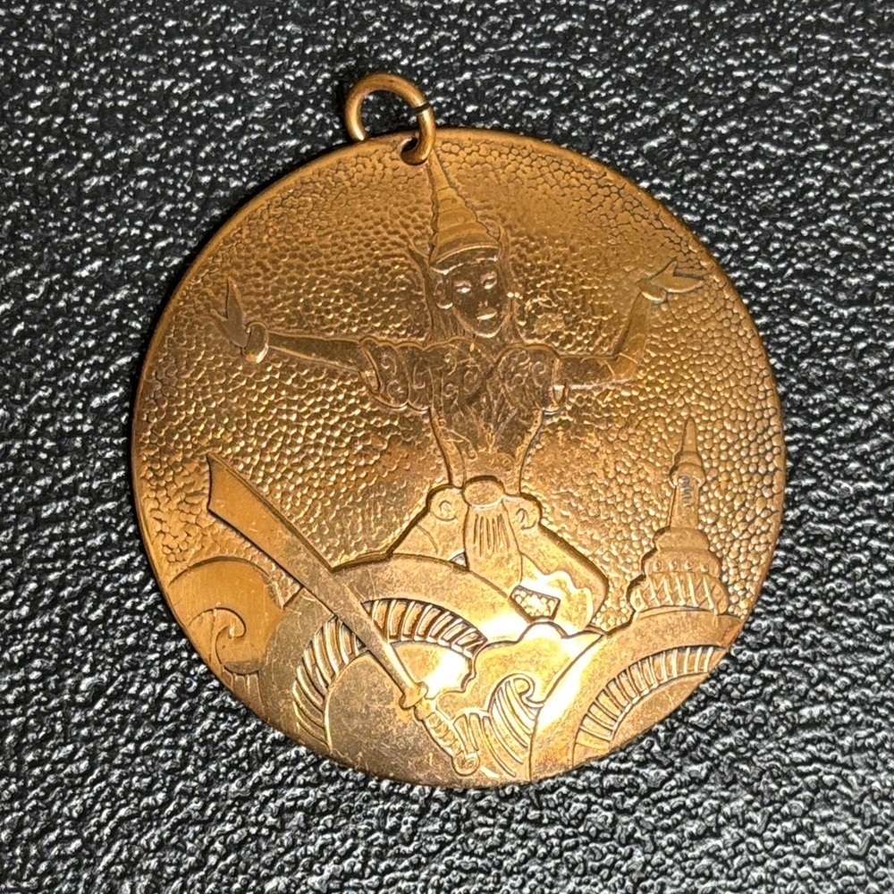Vintage Thai Goddess Dancer W/ Sword Engraved Bronze Tone Large Round Pendant